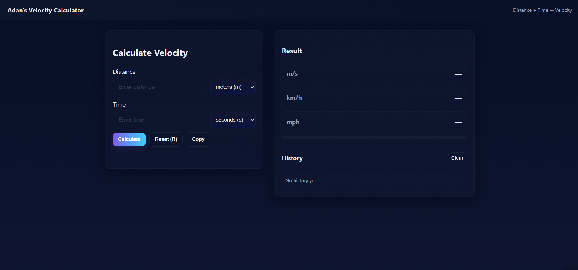 Velocity calculator interface preview